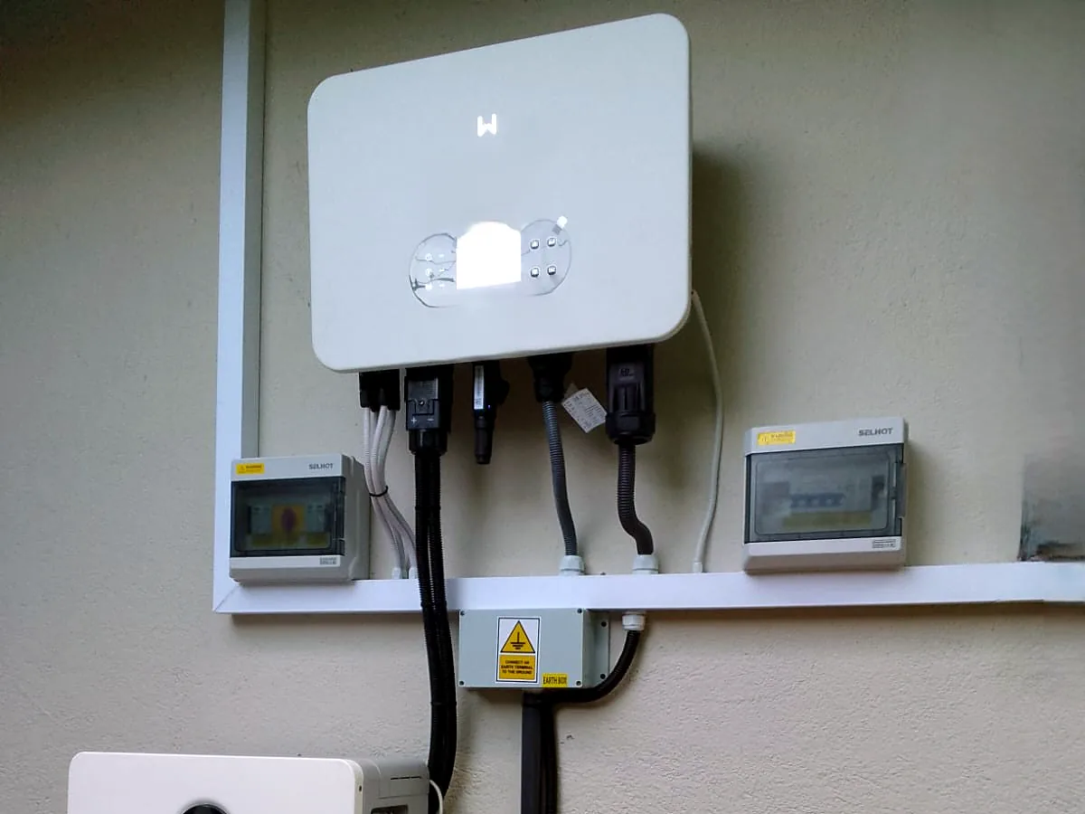 GOODWE hybrid inverter with DC and AC protection boxes and earth box installed on site